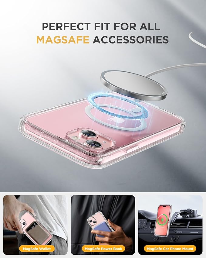 Miracase Glass Series Case for iPhone 15 [Compatible with MagSafe] Full Body Magnetic Case with Built-in 9H Tempered Glass Anti-Fingerprint Screen Protector + Camera Lens Protector, Clear Glitter