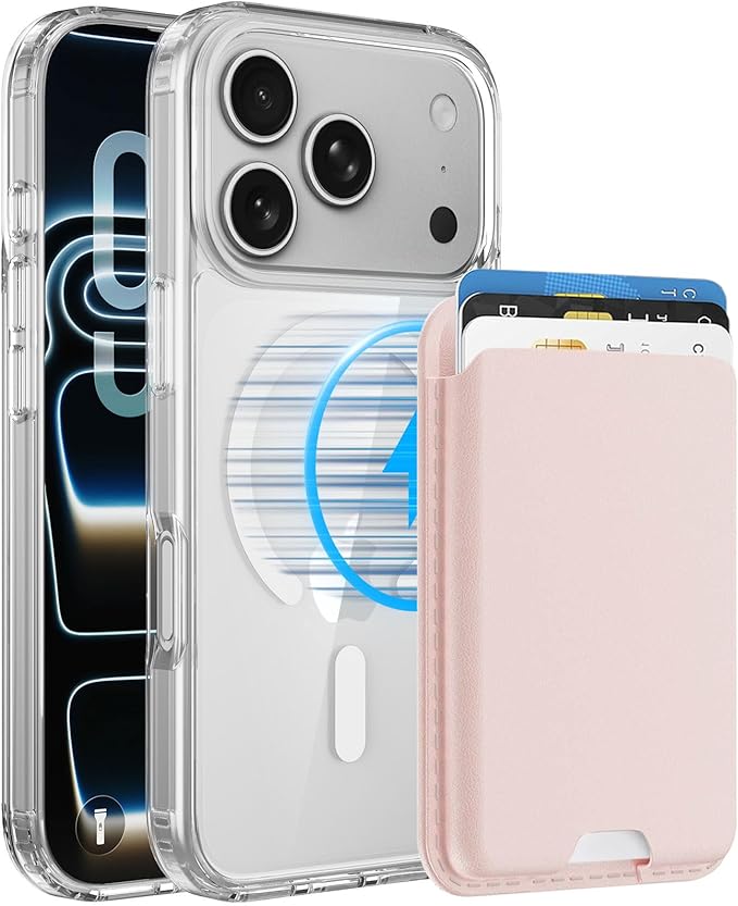 Magnetic for iPhone 17 Pro Clear Case with Pink Detachable Wallet, Compatible with MagSafe, Credit Card Holder with Slim Shockproof Protective Phone Cover