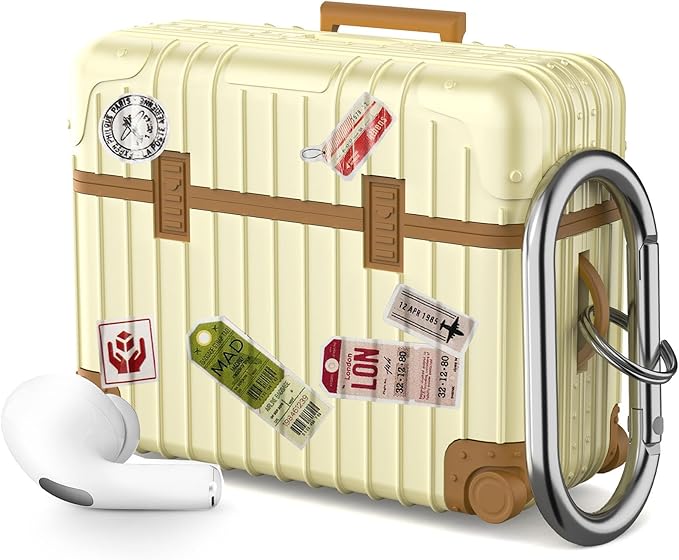KOREDA Compatible with AirPods Pro 2nd/1st Generation Case Cover, Cute Funny Suitcase Design Case for Airpods Pro 2nd/1st Gen, Fashion Protective Hard Case for Women Men with Keychain (Beige)