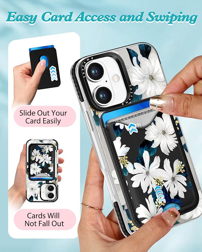 Toycamp for iPhone 17 Case - Compatible with Magsafe Credit Card Holder Wallet Magnetic Cute Women Teen Girls Kawaii Girly Unique White Flower Design Phone Cover for Apple 17 Air