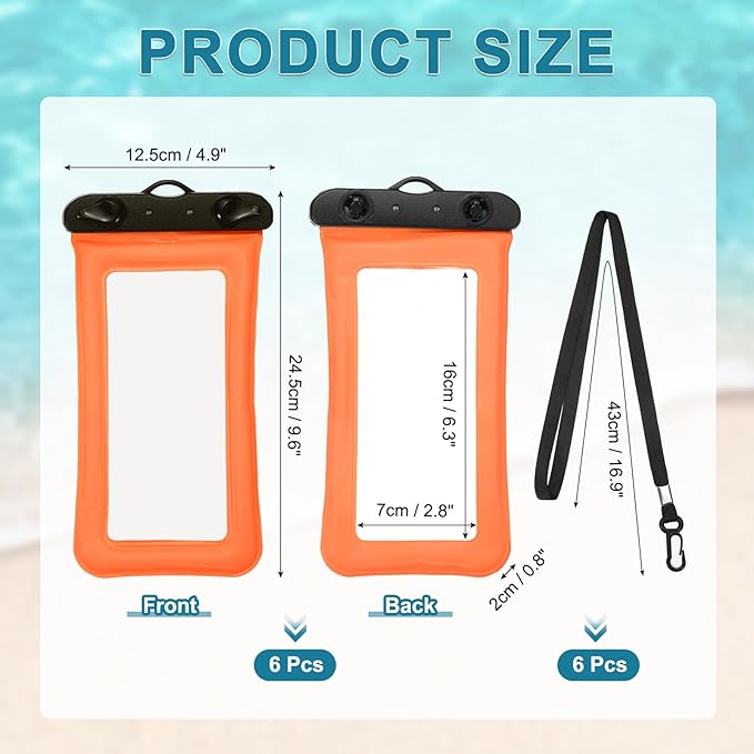 PATIKIL 6Pcs Waterproof Phone Pouch Floating No Sink Universal Cellphone Dry Bag Waterproof Phone Case for Kayaking Beach Swimming Hiking, Orange