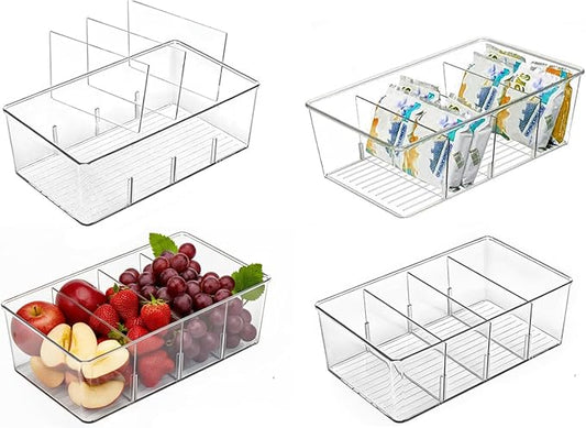 4 Pack Pantry Organizers and Storage,Clear Plastic Organizer Bins for Kitchen,Fridge,Drawer Organization and Storage,4 compartment Snack Containers for Spice Packets,Tea bag