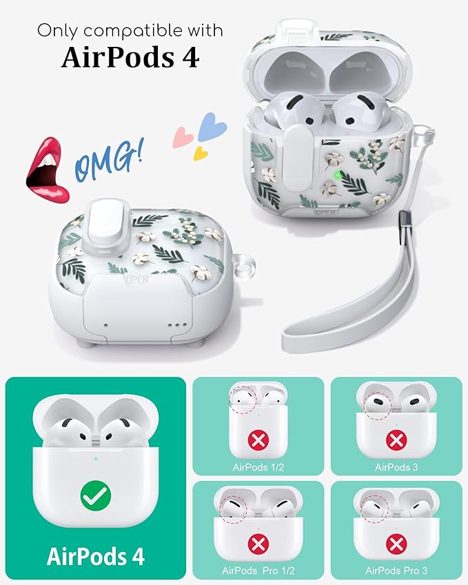 TATOFY for AirPods 4th Generation Case with Phone Stand Lanyard Lock Cleaning Kit, Compatible with Magsafe, Flowers Hard AirPod 4 Cover for Women (Green, AirPods 4th)