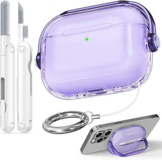 for Airpods Pro 3 Case,Safety Lock Cases for Apple Airpod Pro 3 (2025) with Phone Stand & Cleaner Kit,Drop Protection Air pods Pro3 Case Cover for Men Women with Keychain,Clear Purple