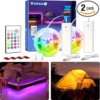 WOBANE 2PCS Rechargeable LED Strip,Dimmable RGB Rope Lighting with Remote