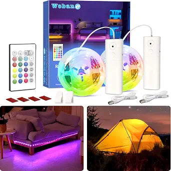WOBANE 2PCS Rechargeable LED Strip,Dimmable RGB Rope Lighting with Remote
