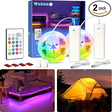 WOBANE 2PCS Rechargeable LED Strip,Dimmable RGB Rope Lighting with Remote