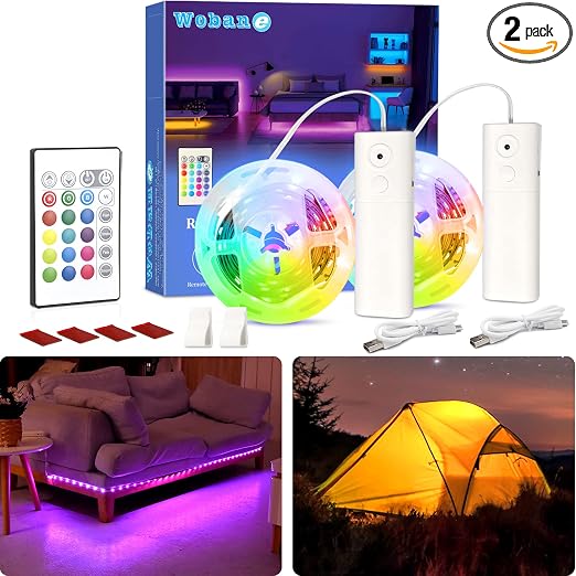 WOBANE 2PCS Rechargeable LED Strip,Dimmable RGB Rope Lighting with Remote
