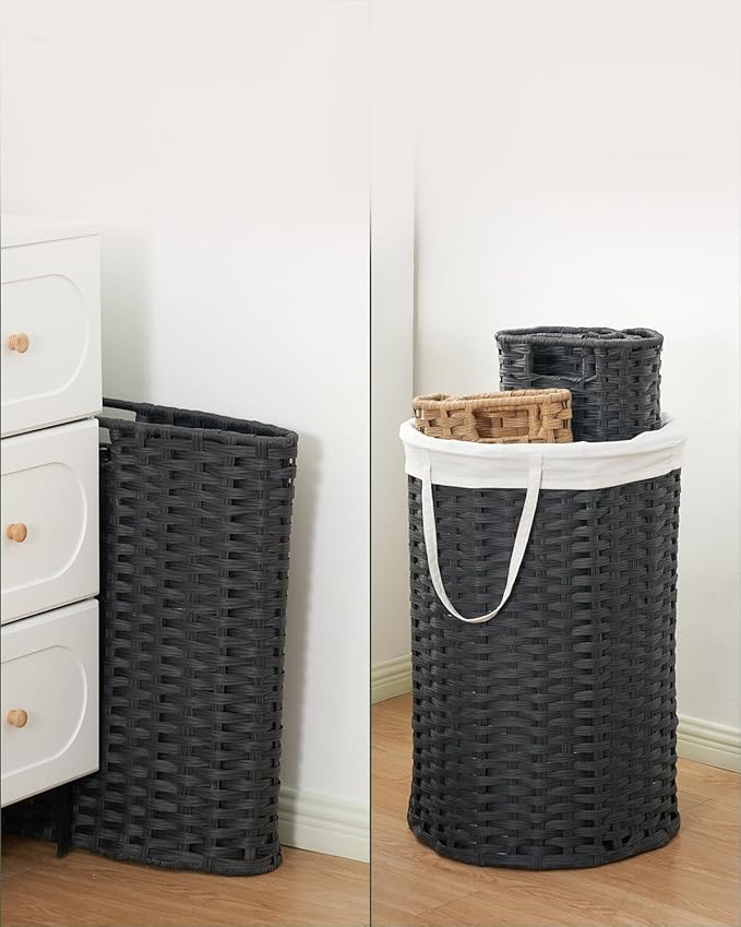 34.3 Gal (130 L) Large Laundry Hamper Laundry Basket Round Handwoven Wicker Laundry Baskets Rattan Laundry Basket with Removable Bag Handles 2 Mesh Bags for Living Room Bedroom Black