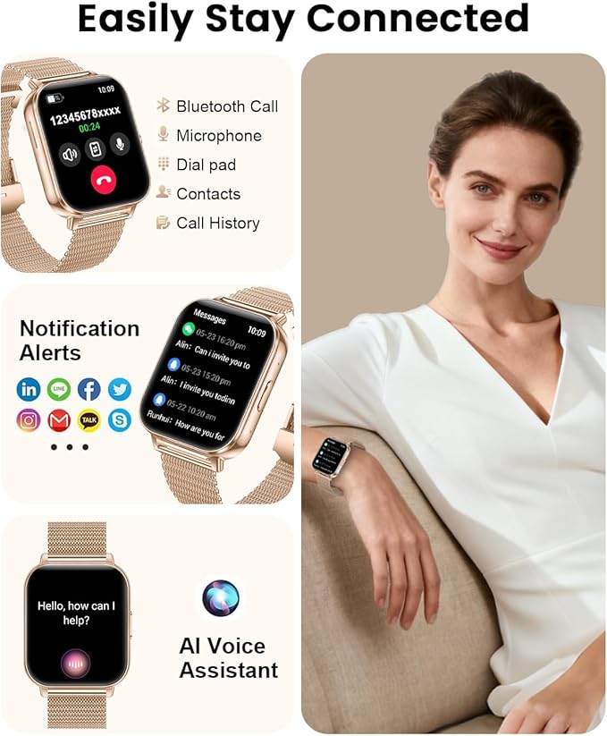 Smart Watch for Women, 1.83" HD Touch Screen Smartwatch, 1000mAh Battery, Bluetooth Calling, Heart Rate, SpO2, Sleep Monitor, 120+ Sports, IP68 Waterproof, 2 Bands Compatible iPhone Android, RoseGold