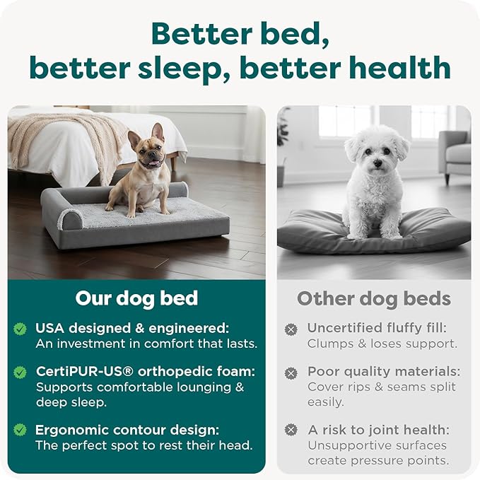 FurHaven Orthopedic Dog Bed for Small/Medium Dogs, L-Shaped Chaise Mattress with Egg Crate Orthopedic Memory Foam for Joint Support, Removable Washable Cover, Medium, Faux Fur & Suede, Stone Gray