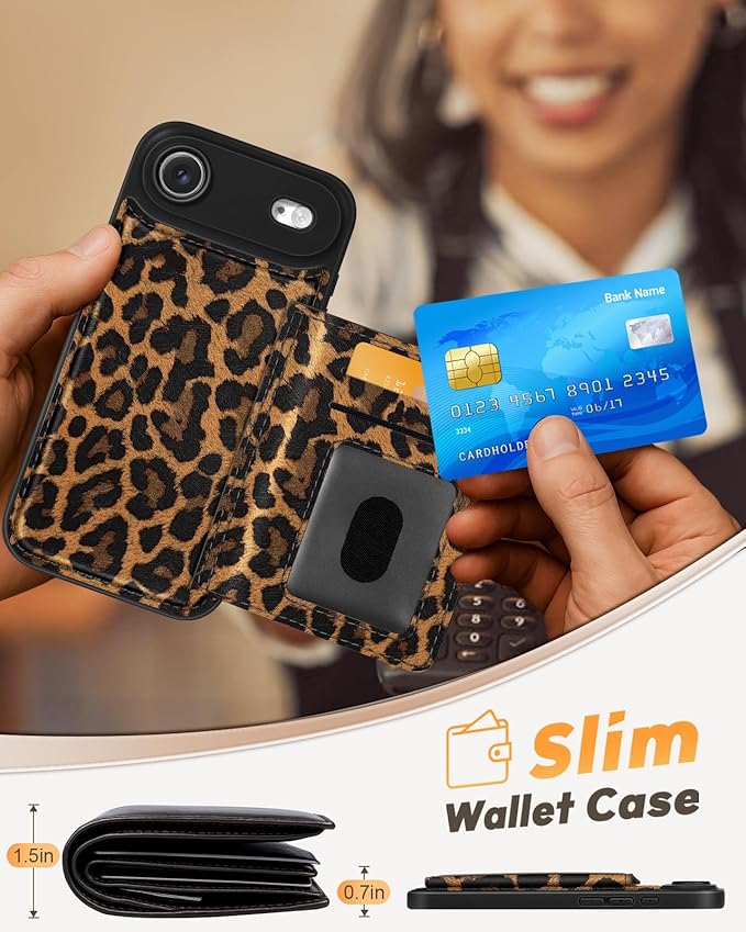 for iPhone 17 Air Case with Wallet - Fits 4 Card Slots, Compatible with MagSafe for Women Aesthetic Durable PU Leather Credit Card Holder Kickstand Phone Cover for Apple 17 Air, Leopard Print