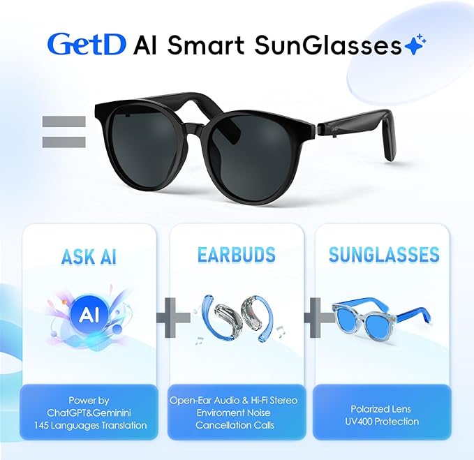 GetD AI Smart Glasses for Men and Women, Low Bridge Fit, 74-Language Real-Time Translator Powered by ChatGPT - Bluetooth 5.4 with 11H Playtime, Polarized Sunglasses for Travel, Driving, Daily Use
