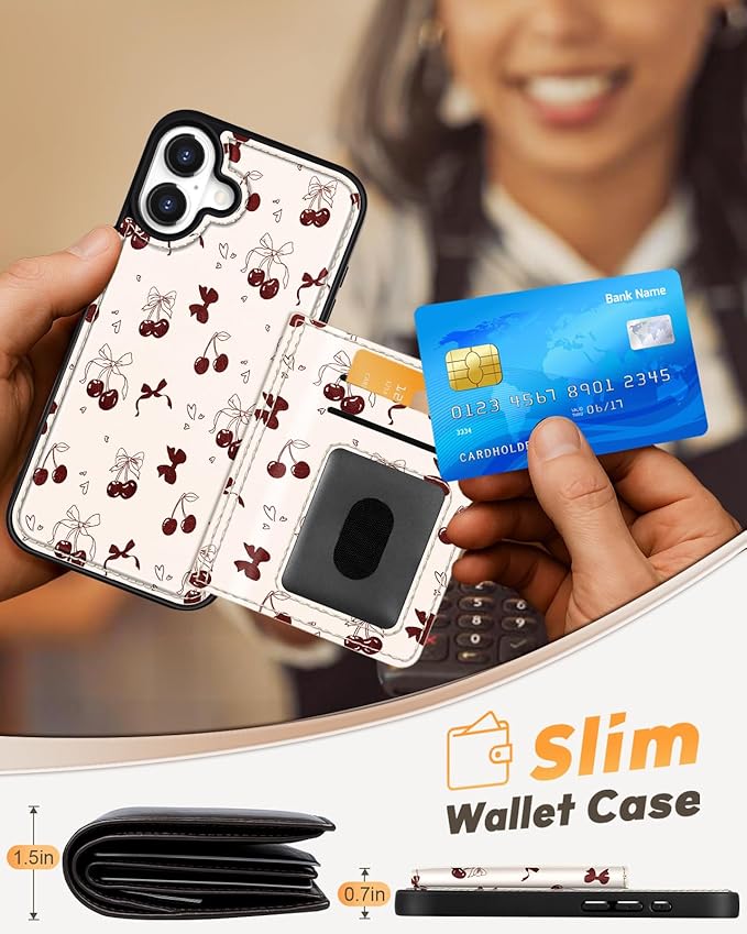 for iPhone 16 Wallet Case - Fits 4 Card Slots, Compatible with MagSafe for Women Aesthetic Durable PU Leather Credit Card Holder Kickstand Phone Cover for Apple 16, Bow Cherry