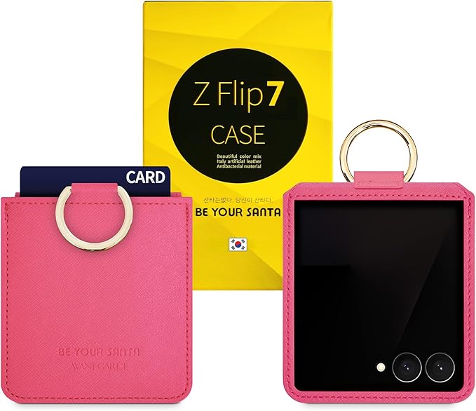 [BeYourSanta] Galaxy Z Flip 7 Case with Ring - Avant-Garde Handmade Saffiano Vegan Leather Case, Anti-Scratch Hinge Protection, Made in Korea (1 Pocket, Coral Red)