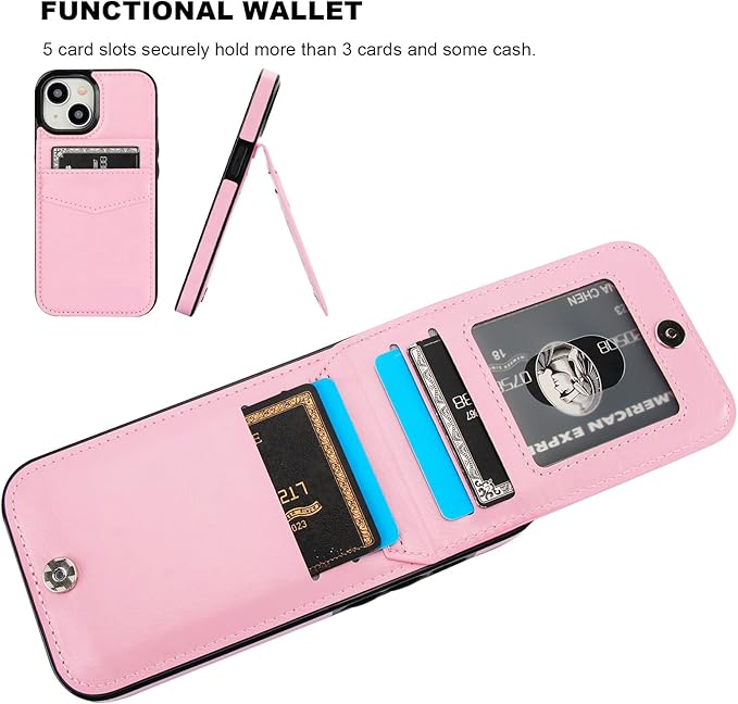 KIHUWEY Compatible with iPhone 15 Case Wallet with Credit Card Holder, Flip Premium Leather Magnetic Clasp Kickstand Heavy Duty Protective Cover for iPhone 15 6.1 Inch (Pink)