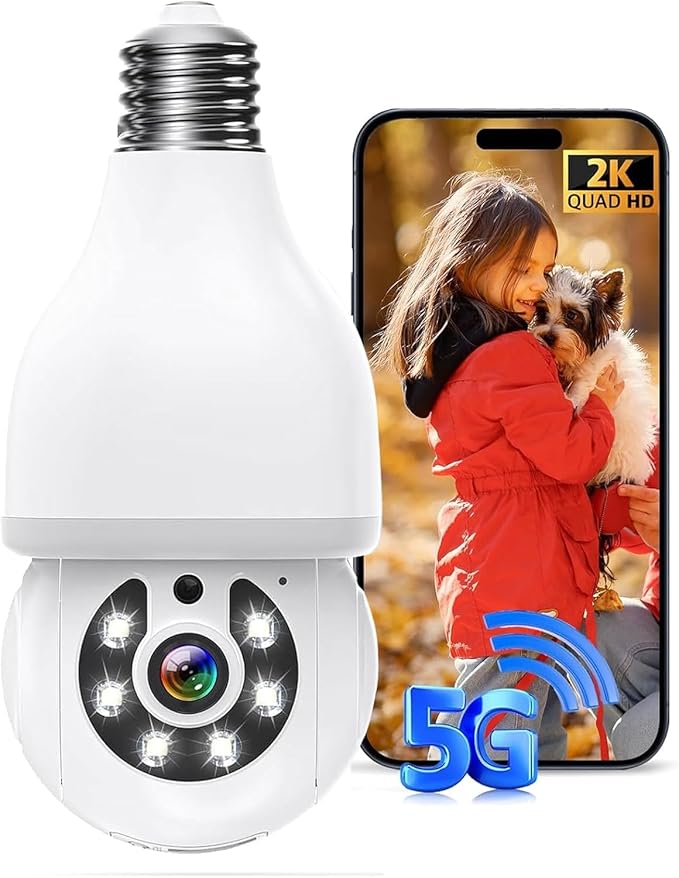 Light Bulb Security Camera -5G& 2.4GHz WiFi Camera Outdoor Wireless Motion Detection and Alarm,Two-Way Talk,Color Night Vision,Human Detection, Light Socket Camera (white01)