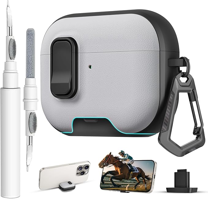 for AirPods Pro 3 Case with Lock,TPU Leather Texture Durability Anti-Lost & Shockproof Protective Cover Accessories with Cleaning Kit in Keychain for Apple AirPod Pro 3 Generation 2025(Black/Grey)