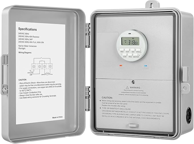 SURAIELEC Digital Pool Timer, 40 AMP 240V 3HP, 7-Day Pool Pump Timer Switch, Programmable Box for Swimming Pump, Hot Water Heater, Lights, Simultaneously Controls Up to 3HP Devices, Outdoor/Indoor Use