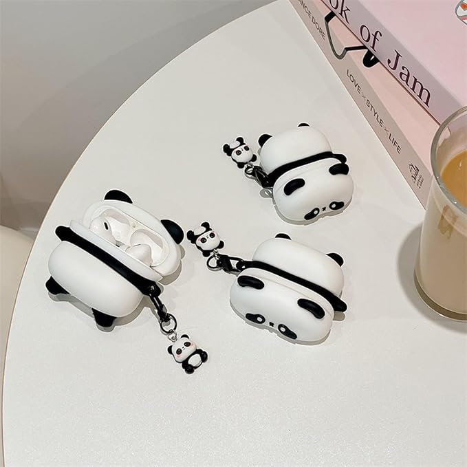 Wireless Charging Earphone Case Compatible with Airpods 4, Cute Animal Lying Panda Design Soft Silicone Full Body Protective Skin Cover, Kids Girls Women Cartoon Earbuds Accessories with Pendant