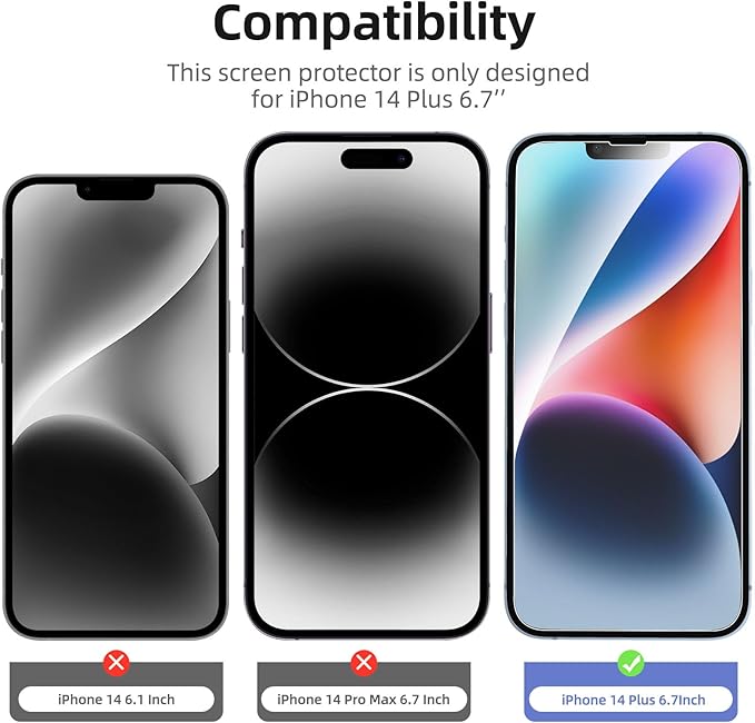 NEW'C 3x for iPhone 14 Plus Screen Protector (6.7 inches)+ 3x Camera Lens Protector, Sensor Protection + Dust Plug - Case Friendly Tempered Glass Film, Ultra Resistant