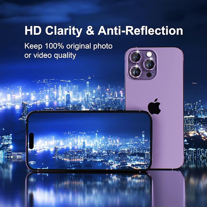 Misea [3+1] for iPhone 14 Pro/iPhone 14 Pro Max Camera Lens Protector Bling, 9H Tempered Glass Camera Cover Screen Protector Metal Individual Ring Protector Decoration Accessories, Purple Glitter