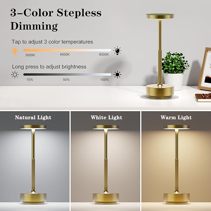 SAKRINGT Rechargeable Cordless Table Lamp - Battery Operated LED Portable Table Light with 3 Color Stepless Dimming, Memory Function - IP54 Waterproof for Outdoor, Restaurant, Patio, Camping