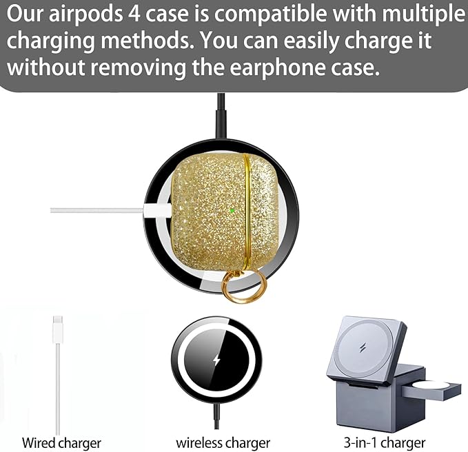 for Cute Glitter AirPods 4 Case for Women| Bling Hard Airpod iPods 4 Cases | with Keychain | Sparkly Rhinestone Air Pods 4 Generation Case for Women Girl- Model A3058/A3059(Gold)