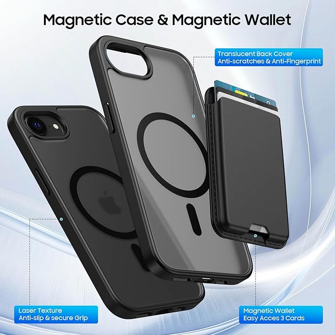 Magnetic for iPhone 17e Case & iPhone 16e Case with Detachable Wallet, Compatible with MagSafe, Military Protective Slim Phone Cover with Card Holder, Black