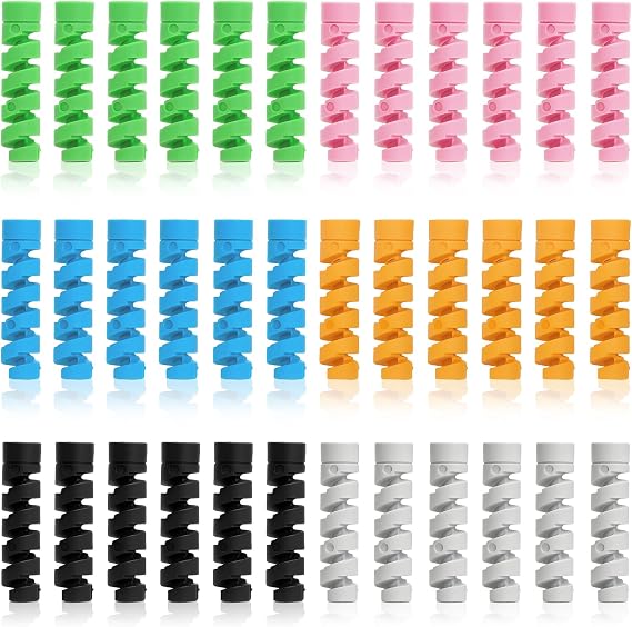 36-Pack Spiral Cable Protectors for iPhone, iPad, MacBook, and Headphones – Colorful Silicone Cord Savers and USB Wire Wraps