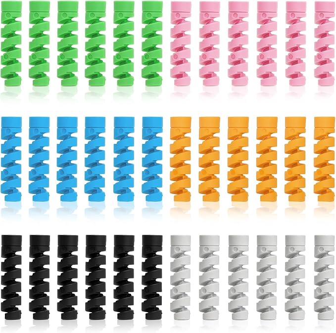 36-Pack Spiral Cable Protectors for iPhone, iPad, MacBook, and Headphones – Colorful Silicone Cord Savers and USB Wire Wraps