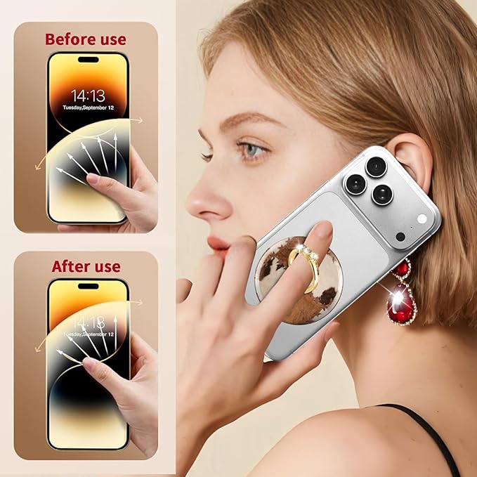 Magnetic Phone Ring Holder Compatible with MagSafe, Cute Phone Grip Stand with 360° Rotation Gold Glitter Finger Ring Kickstand Accessories for Most Phones Cute Plaid Cowhide