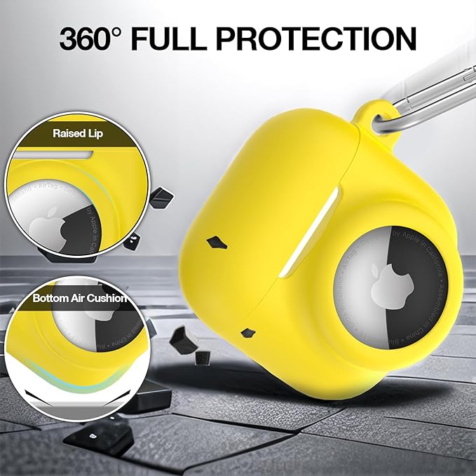 2 in 1 Silicone Case Compatible with AirPod 4 and AirTag 2/1, Shockproof Protective Skin Cover for AirPods 4th Generation with Cleaner Kit & Carabiner (Yellow)