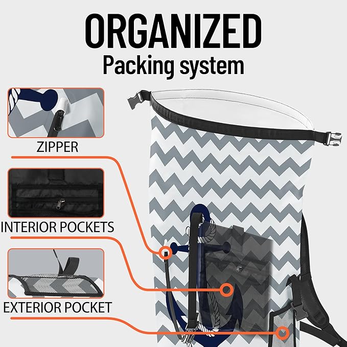 Waterproof Dry Bag Marine Dry Bags for Kayaking Hiking Anchor Nautical Navy Blue Gray Striped Backpack Roll-Top Closure Bag - Backpack Waterproof Phone Case 5L