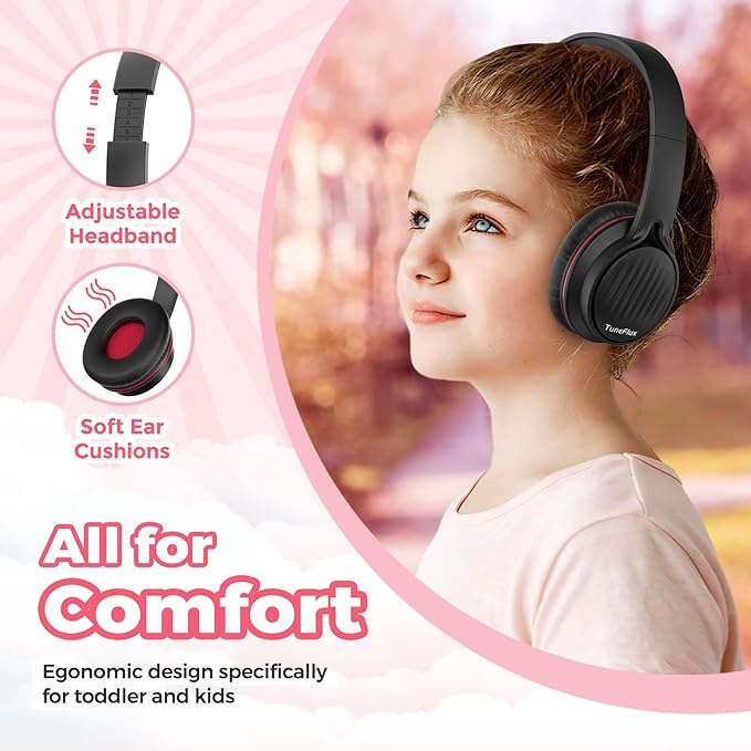 TuneFlux Upgraded Kids Headphones, Wired Toddler Headsets, 85dB Limited Volume On Ear Headphones, Portable Foldable Design, Stereo Sound Kids Headsets for School/Tablet/Travel-Black Red
