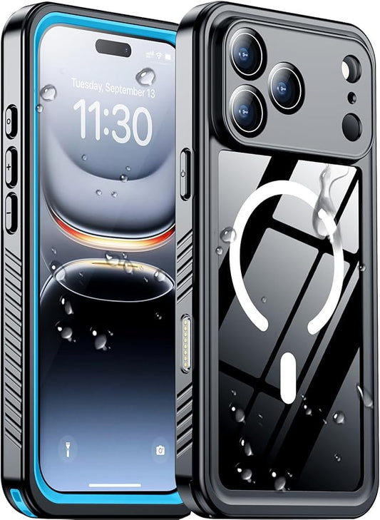 Temdan Magnetic Compatible with iPhone 17 Pro Case,Waterproof Built-in Screen & Camera Protector IP68 Underwater Full Body 17FT Military Dropproof Shockproof Phone Case 6.3"-Mag/Blue