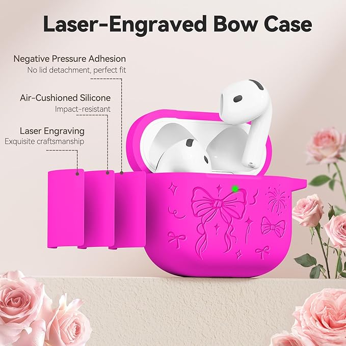 for Airpods 4 Case Cover, Joremx Cute Bow Engraved Silicone Protective Case Cover with Keychain, Cleaner Kit for AirPods 4th Generation Case 2024 (Fluorescent Rose Red)