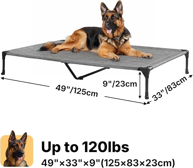 Veehoo Outdoor Elevated Dog Bed Large Sized Dogs, XL Cooling Raised Dog Cots Beds Training Platform Off Ground Hammock with Breathable Mesh, No-Slip Feet, 49"x33", Black Silver