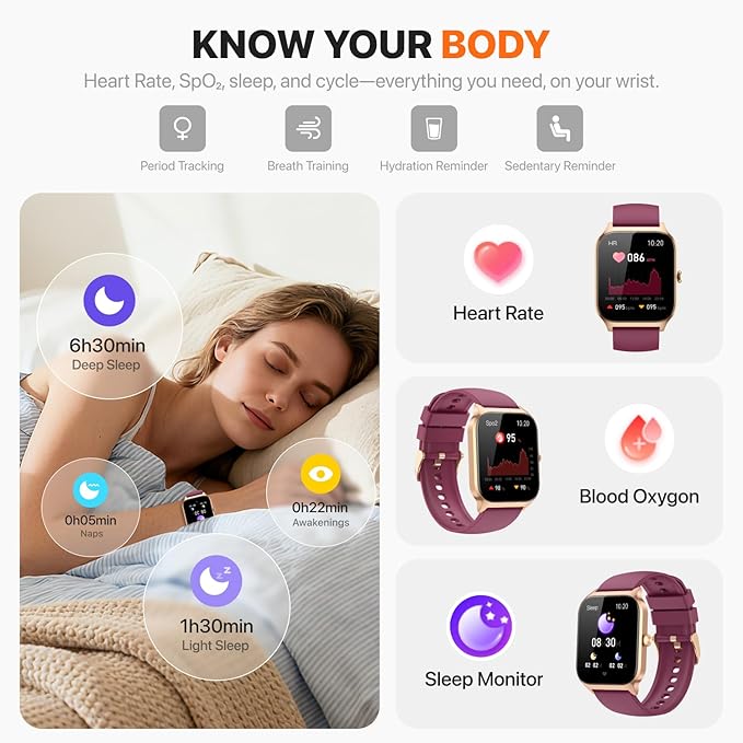 Smart Watch for Women Men,(Answer/Make Call) 1.83'' HD Fitness Activity Tracker Smartwatch for Android iPhone iOS Compatible,IP68 Waterproof Step Counter with Sleep Monitor (Modern, Wine Red, 1.83)