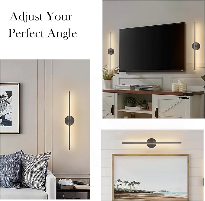 Battery Operated Wall Sconces, Dimmable Wall Sconces Set of Two, 350°Rotate, 3000K LED Black Wireless Wall Light for Living Room, Bedroom,Hallway, 32.2 Inch (2 Pack)