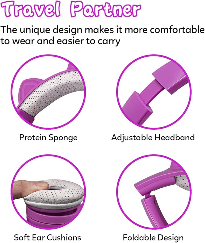 Unicorn Kids Headphones, Unicorn Bluetooth Headphone Foldable for Girls Boys Toddlers Tablet School Travel,Light Up Kids Wireless Headphone Birthday Gifts (Dark Purple)