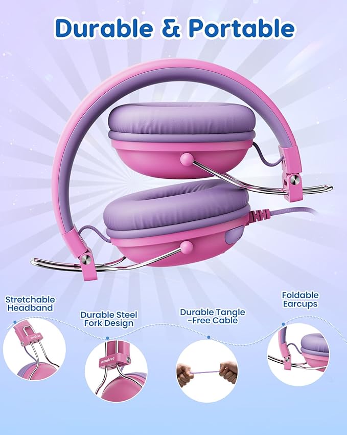 Kids Headphones, 74/85dB Safe Volume Limit, Stereo Sound, Wired On-Ear Headphones for Kids Boys Girls, 3.5mm Jack for Tablet, iPad, Kindle, YOTO Player, Airplane Travel, Pink