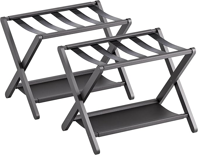 Luggage Rack, Set of 2, Folding Suitcase Stand with Storage Shelf, Premium Bamboo Luggage Holder for Guest Room, Bedroom, Hotel, Closet, Holds up to 135 lb (Black)