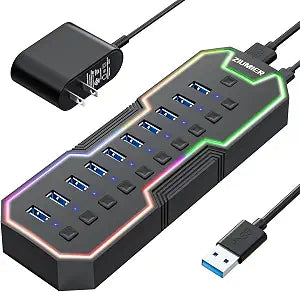 ZIUMIER Powered USB Hub, 10 Ports USB 3.0 Hub with RGB LED Strip