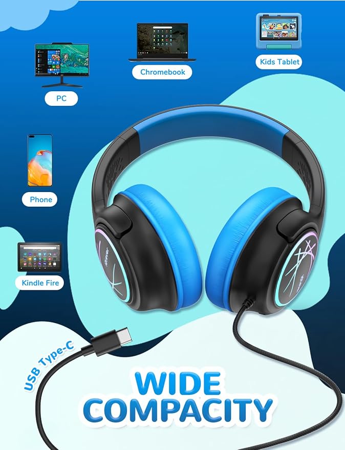 iClever Upgrade USB C Kids Headphones for School, 85dBA Safe Volume, Stereo Sound, Foldable Adjustable, Breathing Light, Over Ear Kids Headphones with Cord for Boys/Girls/iPad/Tablet/Travel