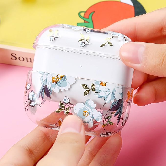 Compatible with Apple Airpods Pro Case for Women, Clear with Designs Patterns Airpods Pro Hard Case PC Shockproof [Front LED Visible ] Anti-Fall Full Protector Cover, Gardenia