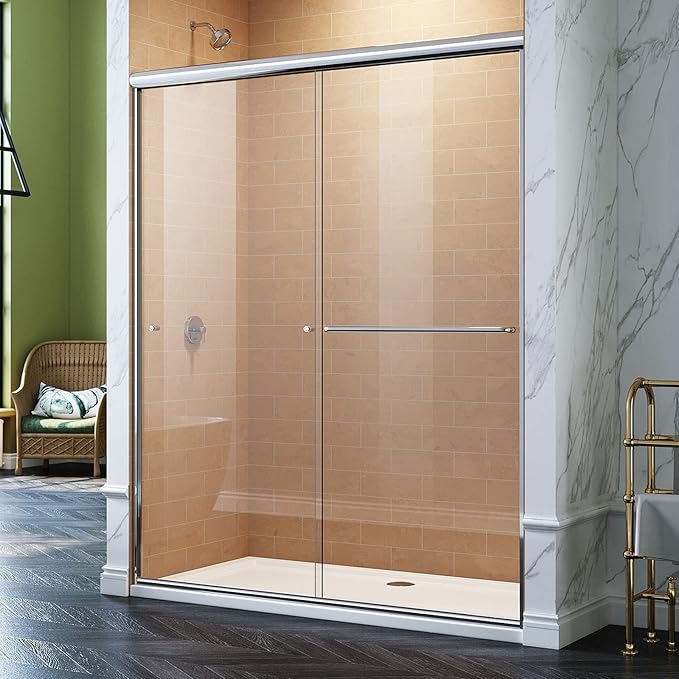 SUNNY SHOWER Doors Glass Sliding Semi-Frameless Shower Glass Door, 1/4" Clear Glass, 52.5-54" W x 72" H Bathroom Sliding Shower Enclosure Chrome Finish