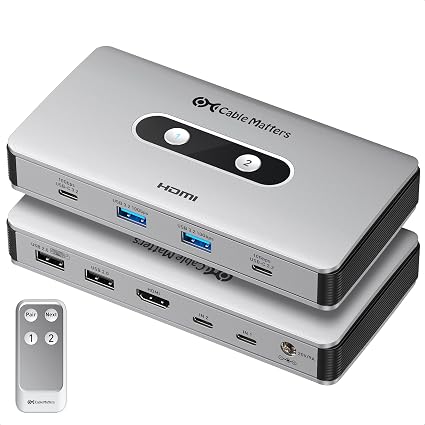 Cable Matters USB C KVM Switch for 2 laptops, HDMI, USB Hub, Dual Charging