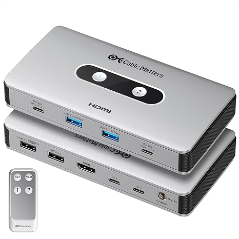 Cable Matters USB C KVM Switch for 2 laptops, HDMI, USB Hub, Dual Charging
