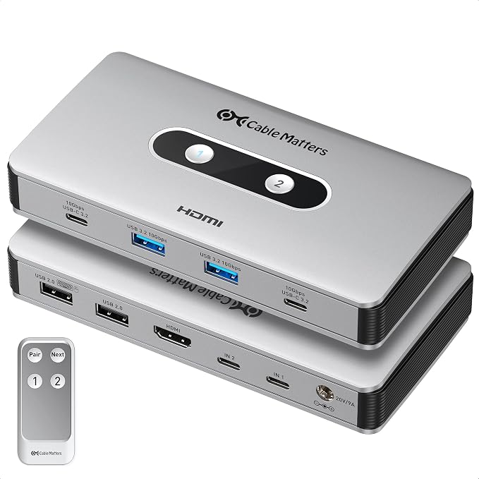 Cable Matters USB C KVM Switch for 2 laptops, HDMI, USB Hub, Dual Charging
